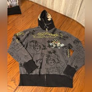 VTG Y2K Ed hardy Christian audigier mens S skull rhinestone zip up hoodie RARE